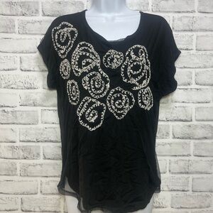 Free People Black Mesh Floral Stitch Overlay Top Extra Small